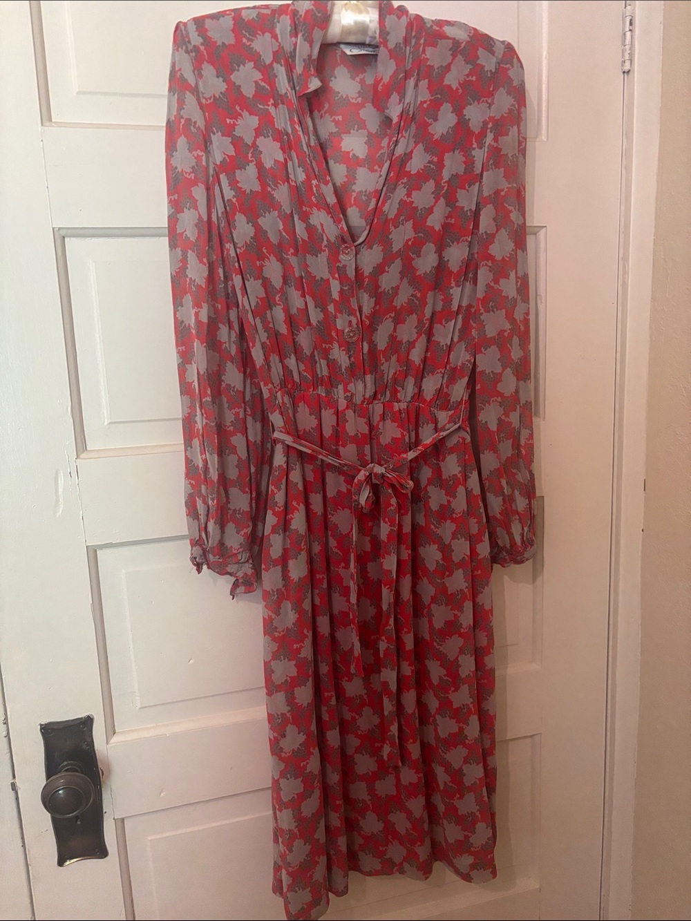 Vintage Parisian silk Red Floral Tie-Waist Midi Dress